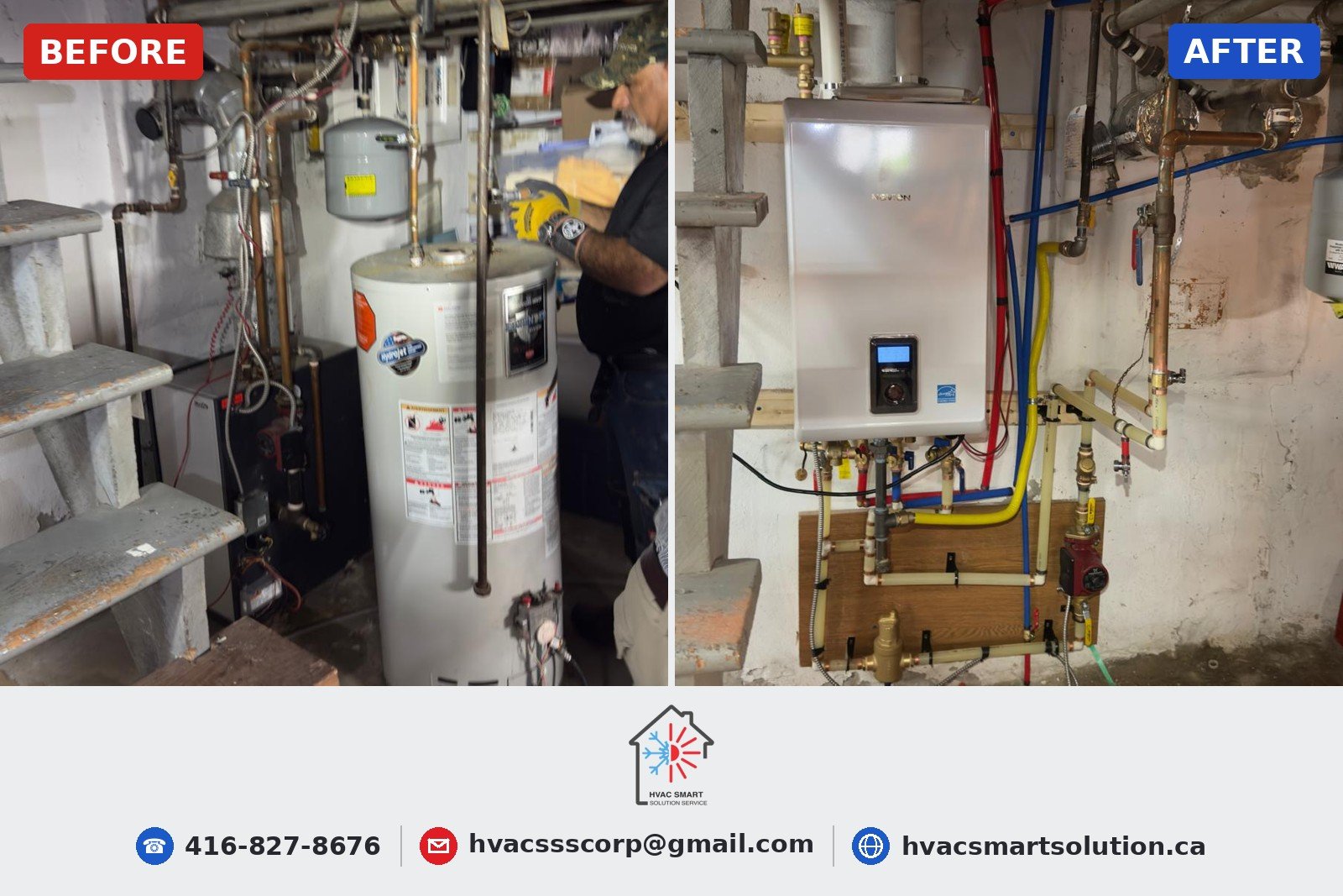 Before and after: old tank water heater and boiler replaced with a new Navien combi boiler in a GTA basement