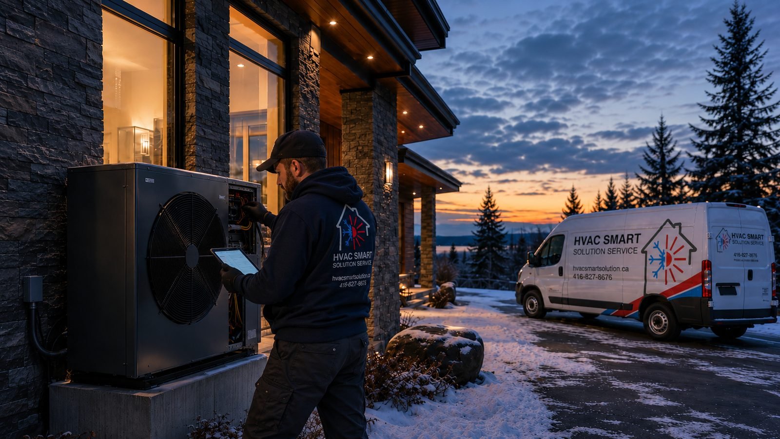 HVAC Smart Solution technician installing a cold-climate heat pump at a GTA home, company van on site