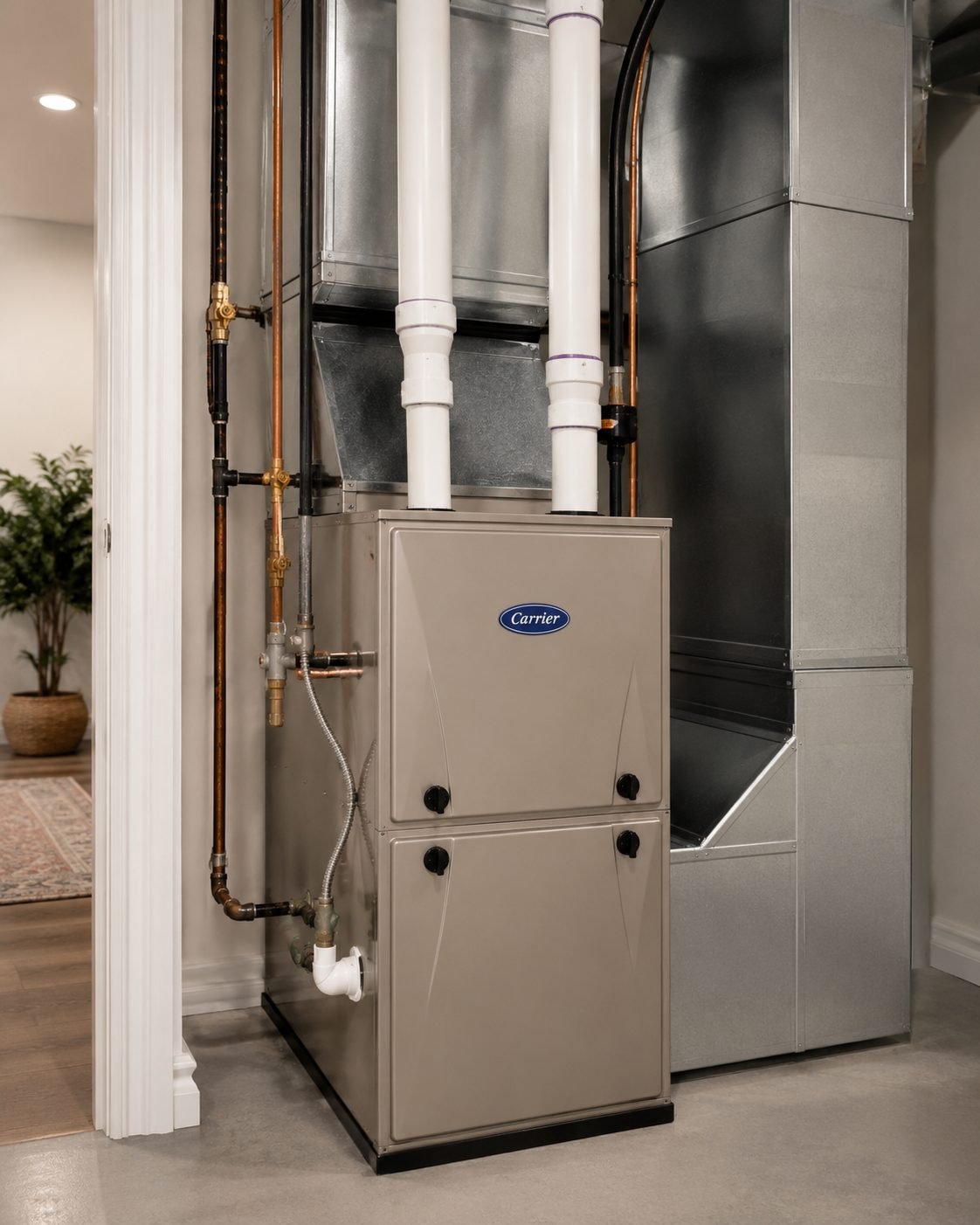 Carrier high-efficiency furnace installation with custom ductwork by HVAC Smart Solution