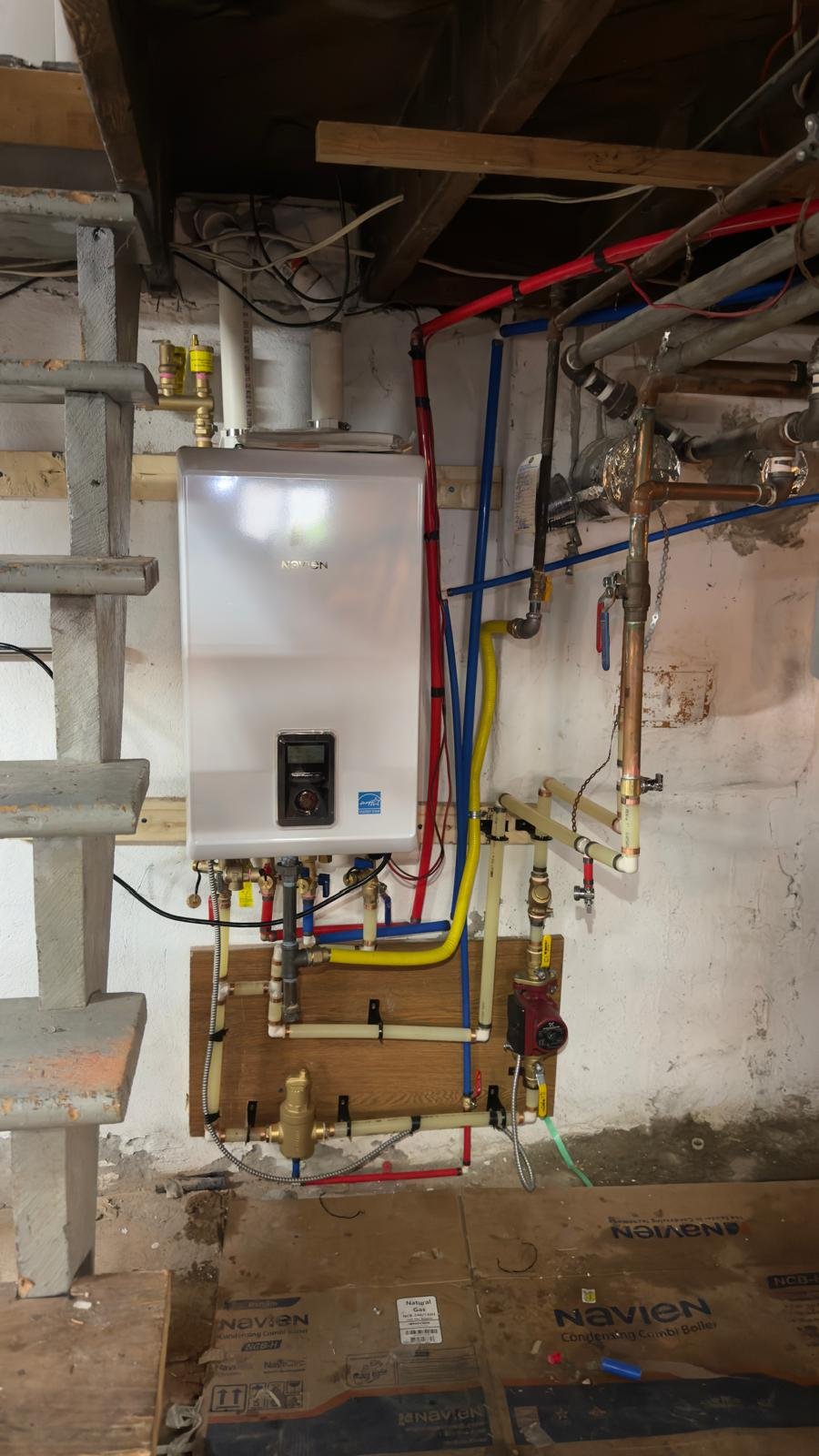 Navien combi boiler installation with copper and PEX manifold piping basement GTA